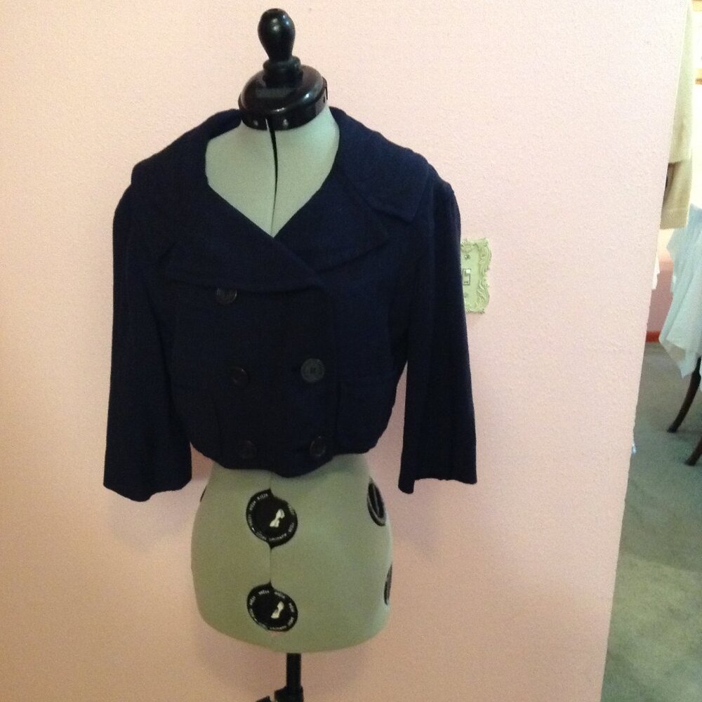 Vintage Early 1960s Cropped Navy Blue Double-Breasted Blazer, with Pockets